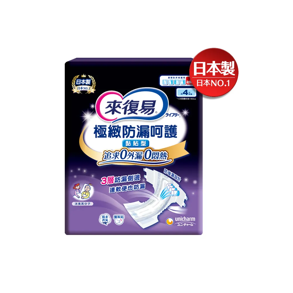 【來復易】極緻防漏呵護透氣黏貼型紙尿褲(M 60片/ L 48片/ XL42片/箱)