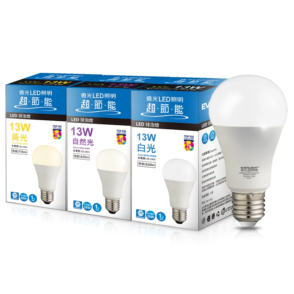 【Everlight 億光】13W 戰鬥款 LED燈泡 全電壓 一年保固(白光/黃光/自然光)