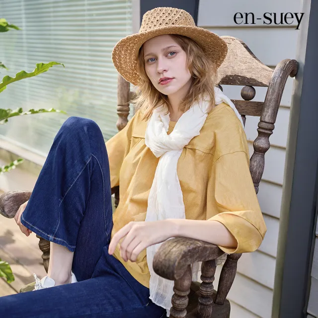 【en-suey 銀穗】落肩切接七分袖圓領上衣-女