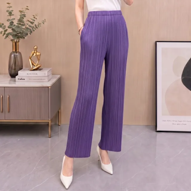 【巴黎精品】三宅風皺褶衣服摺褲寬鬆闊腿褲寬褲高級摺衣彈力長褲顯瘦折衣大碼(女褲子3色k1ab40)