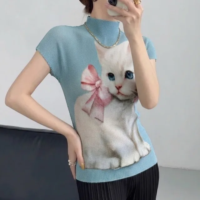 【巴黎精品】三宅風皺褶衣服套裝女上衣長裙高級摺衣彈力女裝顯瘦折衣大碼(T恤印花短袖3色k1ab29)