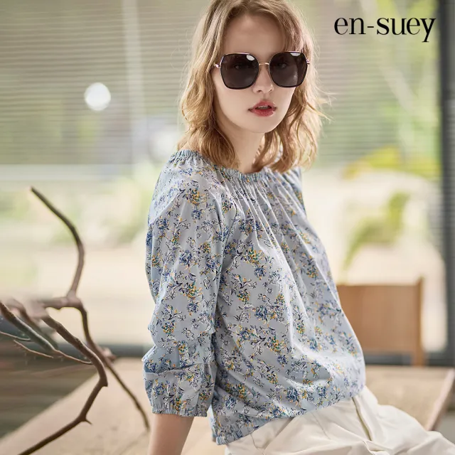 【en-suey 銀穗】純棉拉克蘭袖鬆緊抽褶碎花上衣-女