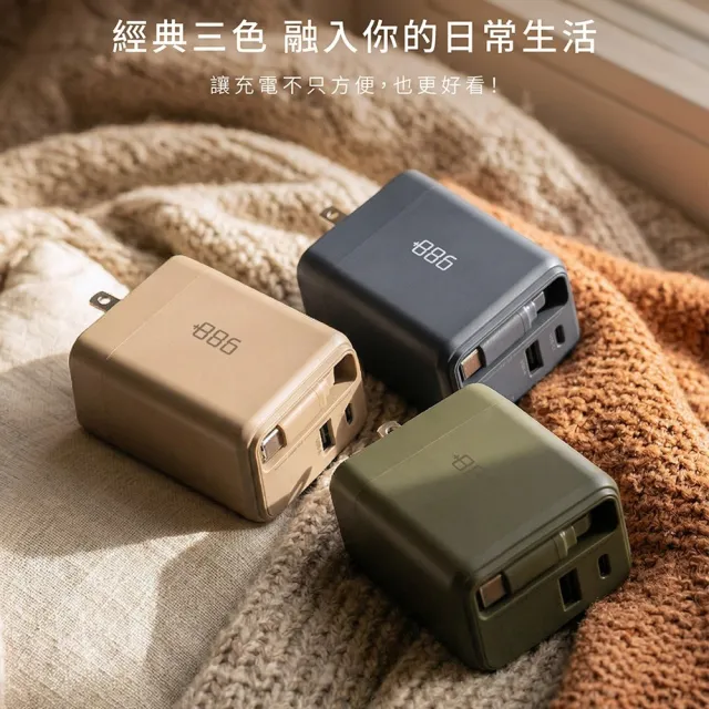 【+886】(極Hai) GaN氮化鎵 65W PD 自帶線快充充電器 (3色可選)