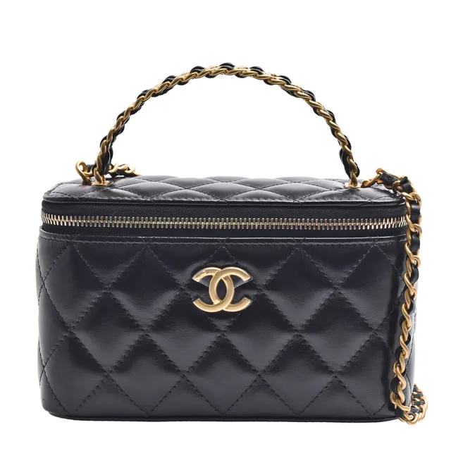 【CHANEL 香奈兒】經典品牌LOGO提把菱格粒紋牛皮鍊帶手提/斜背化妝包(黑色)