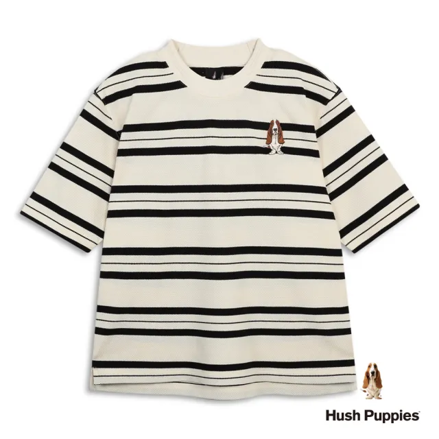【Hush Puppies】男裝 上衣 條紋緹花刺繡狗五分袖上衣 (淺卡其 / 63110205)