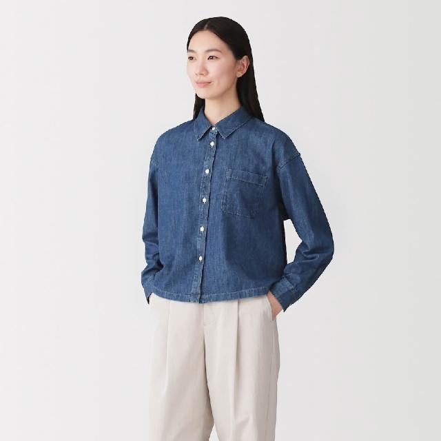 【MUJI 無印良品】女水洗丹寧短版長袖襯衫(深藍)