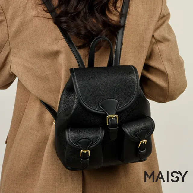 【MAISY】真皮金扣啞光質感荔枝紋後背包 雙肩包(卡其色 / 深卡其 / 黑色)