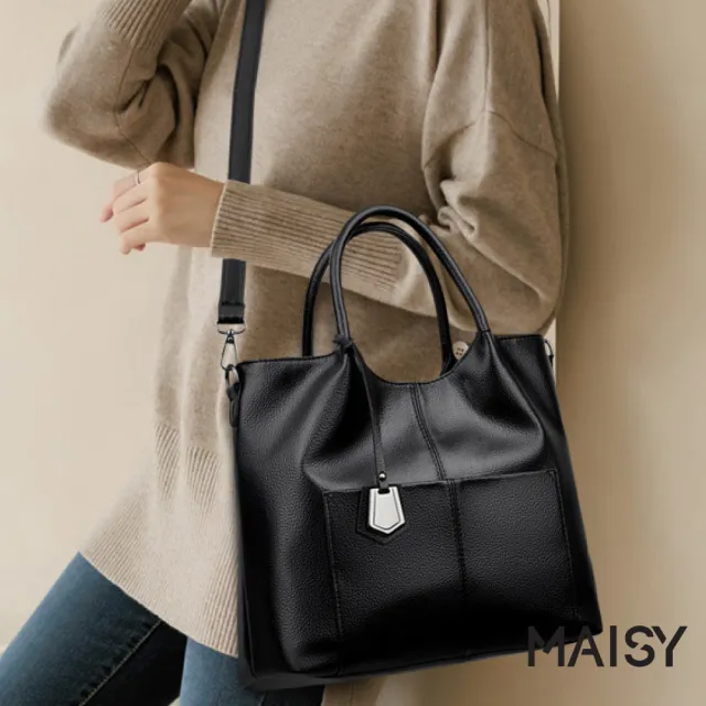 【MAISY】歐美時尚亮澤荔枝紋質感手提包 托特包 斜跨包(米白色 / 黃棕色 / 酒紅色 / 黑色)