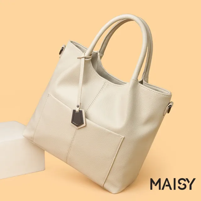 【MAISY】歐美時尚亮澤荔枝紋質感手提包 托特包 斜跨包(米白色 / 黃棕色 / 酒紅色 / 黑色)