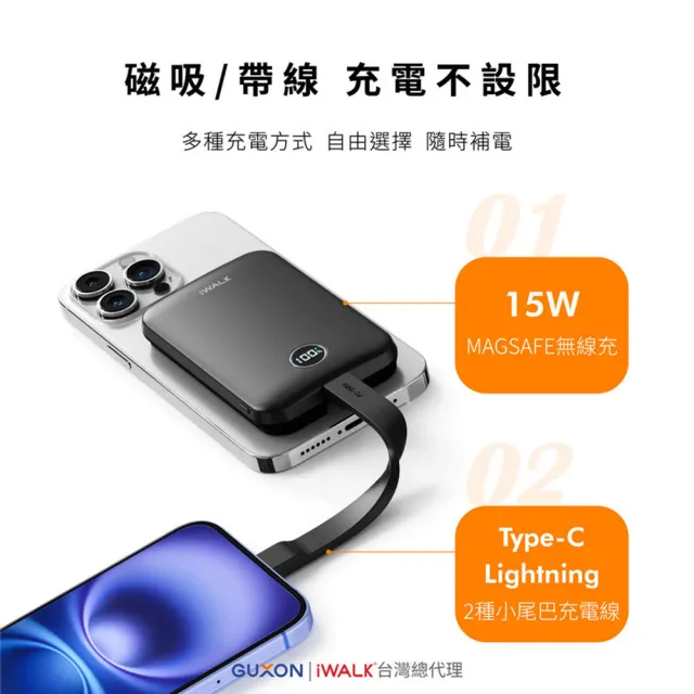 【iWALK】MAGO磁吸帶線行動電源 MXB010 10000mAh(中國3C認證 Qi2 支援Magesfe 蘋果 Type-C 無線充 15W快充)