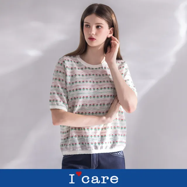 【I’Care 依卡】現貨-清新甜美小花圓領短袖針織上衣(F)|女上衣 休閒上衣 短袖上衣