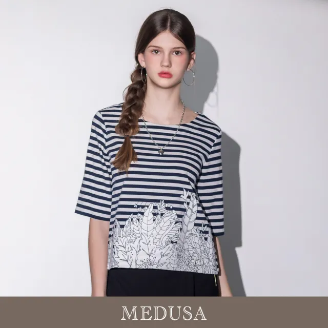 【MEDUSA 曼度莎】現貨-條紋拼接白色燙花五分袖上衣 - 2色（M-XL）｜短袖上衣 女上衣 短袖T恤