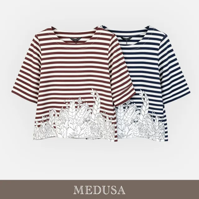 【MEDUSA 曼度莎】現貨-條紋拼接白色燙花五分袖上衣 - 2色（M-XL）｜短袖上衣 女上衣 短袖T恤