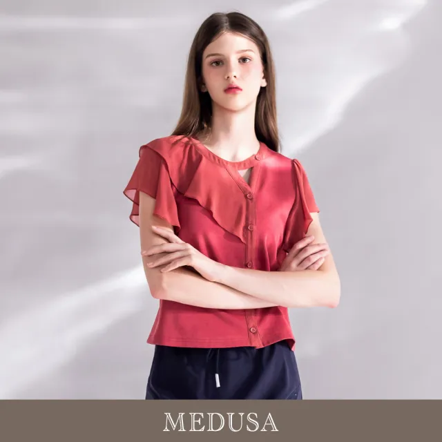 【MEDUSA 曼度莎】現貨-雪紡荷葉拼接不對稱造型上衣（M-XL）｜雪紡上衣 女上衣 雪紡上衣穿搭