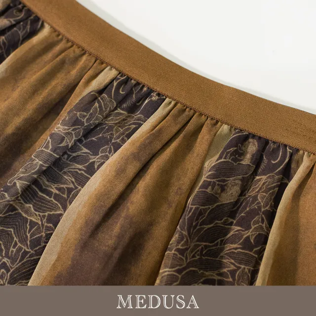 【MEDUSA 曼度莎】現貨-台灣製 深棕暈染印花雪紡鬆緊腰中長裙（M-XL）｜雪紡裙 長裙穿搭 度假穿搭