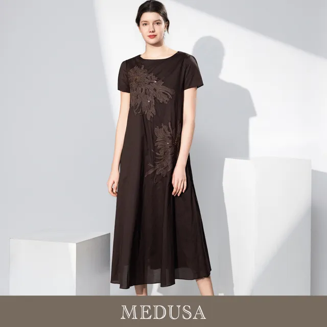 【MEDUSA 曼度莎】現貨-輕熟浪漫花飾純棉長洋裝小禮服（M-XL）｜長洋裝 約會穿搭 媽媽禮服
