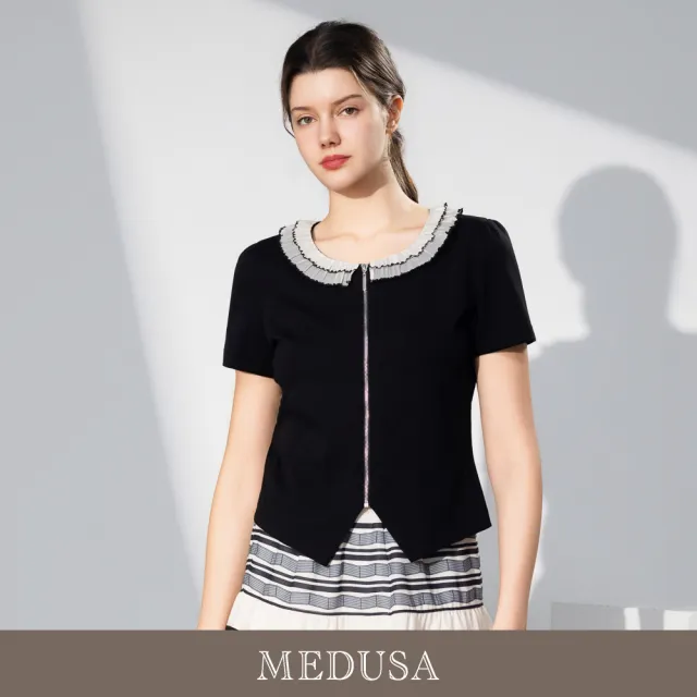 【MEDUSA 曼度莎】現貨-黑色層疊小荷葉領拉鍊純棉上衣(M-XL)|氣質上衣 造型上衣 休閒穿搭
