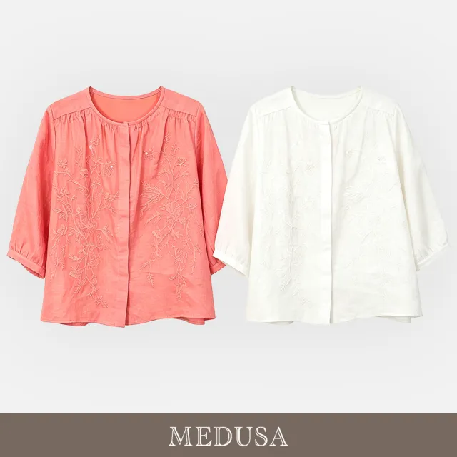 【MEDUSA 曼度莎】現貨-文藝壓花刺繡純亞麻上衣 - 2色（M-XL）｜亞麻上衣 刺繡上衣 透氣涼感