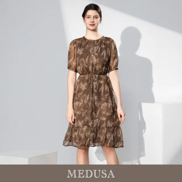 【MEDUSA 曼度莎】現貨-輕熟優雅棕色綁帶碎花真絲洋裝（M-XL）｜真絲洋裝 碎花洋裝 約會穿搭