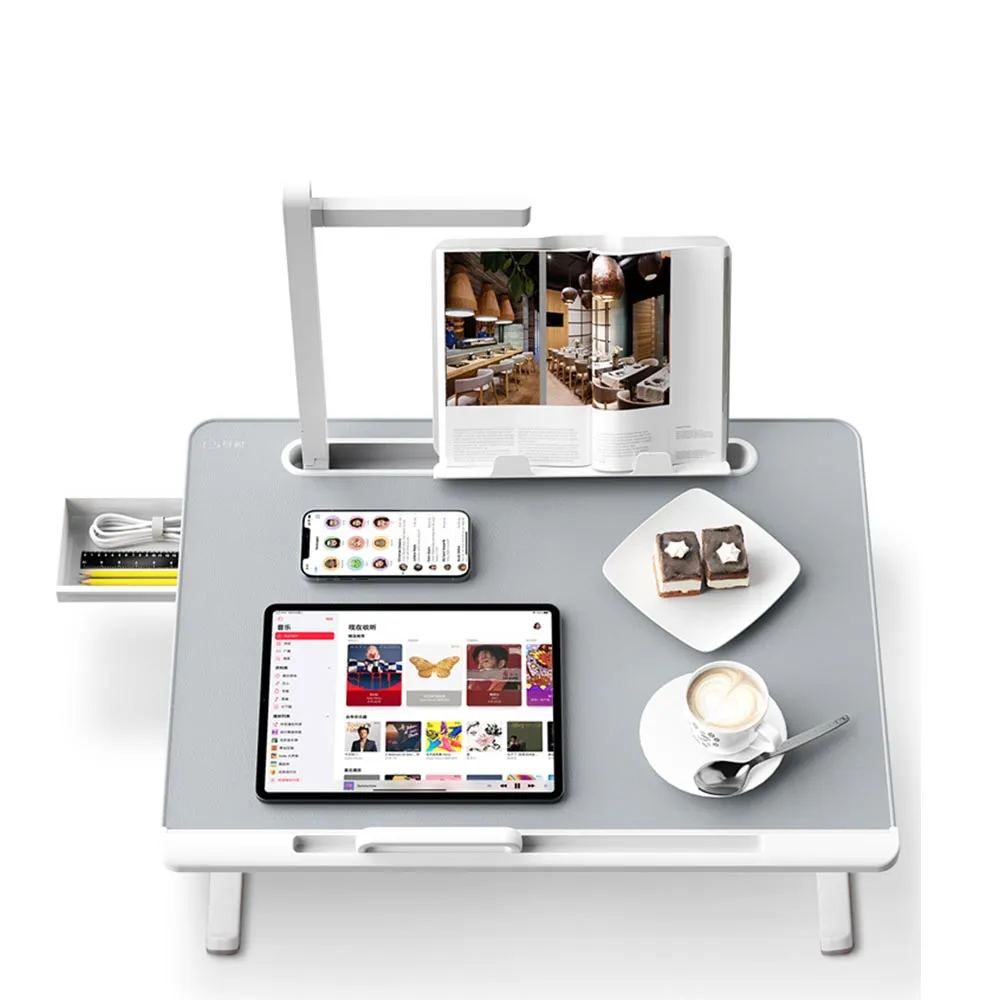 【賽鯨 SAIJI】K8 LED護眼檯燈皮革多功能床上桌(護手板+書架+抽屜)