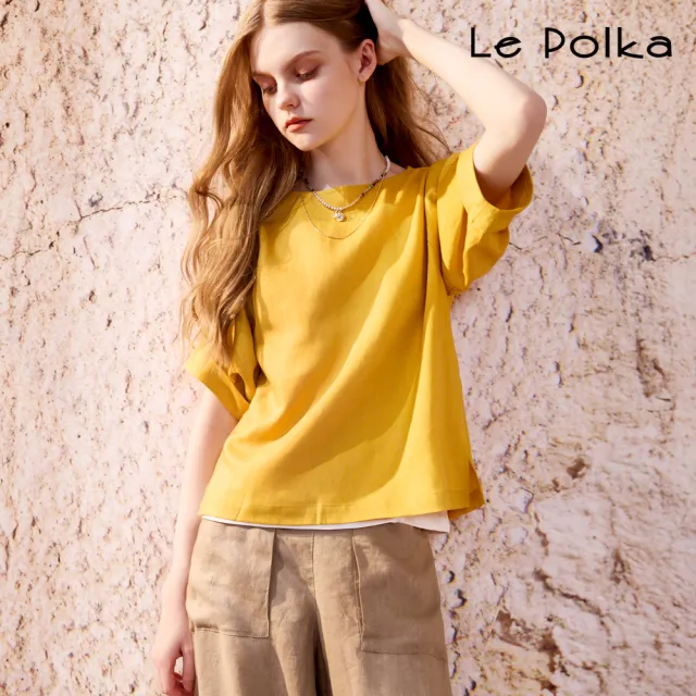 【Le Polka】亞麻寬袖開叉上衣-女