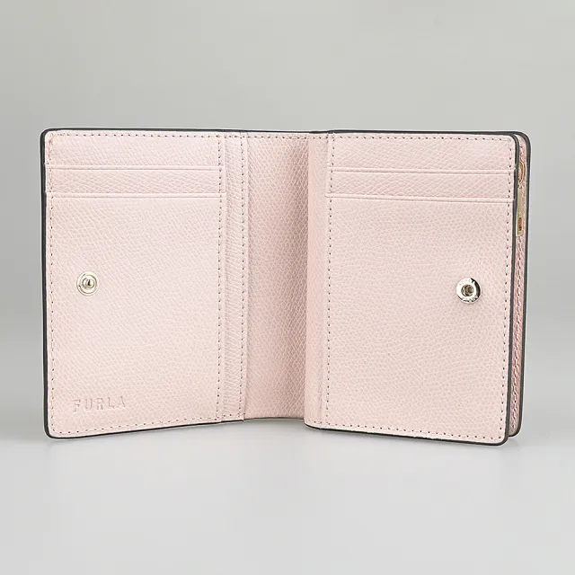 【FURLA 芙拉】FURLA精品粒面小牛皮金屬LOGO二折短夾(桃粉x淡粉)