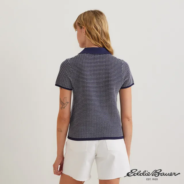 【Eddie Bauer】女性細條紋針織POLO毛衣-藍色 21603916