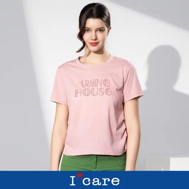 【I’Care 依卡】現貨-霧粉復古刺繡字母短袖T恤（M-L）｜休閒上衣 短袖上衣 休閒穿搭