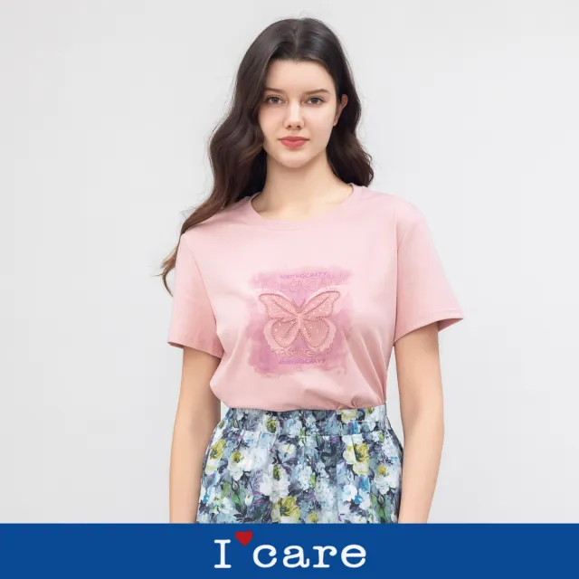 【I’Care 依卡】現貨-粉霧蝴蝶純棉T恤 - 2色（F）｜純棉T恤 休閒上衣 甜美穿搭