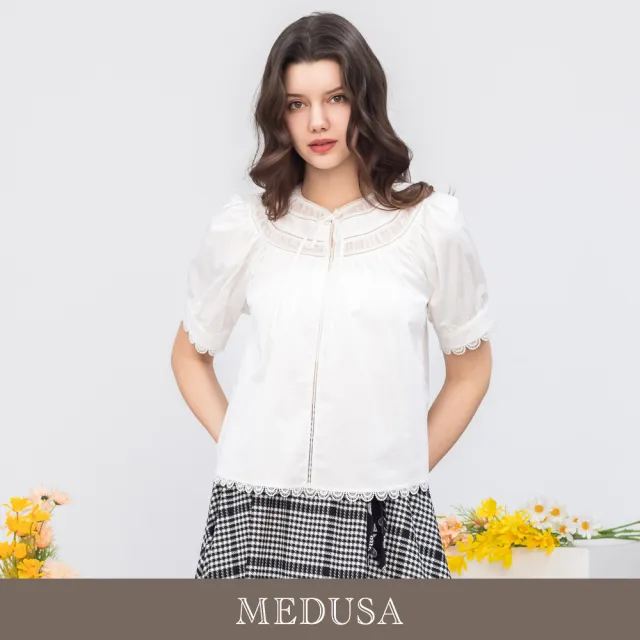 【MEDUSA 曼度莎】現貨-雪白紗圓領滾邊純棉上衣(M-XL)|純棉上衣 短袖上衣 甜美穿搭