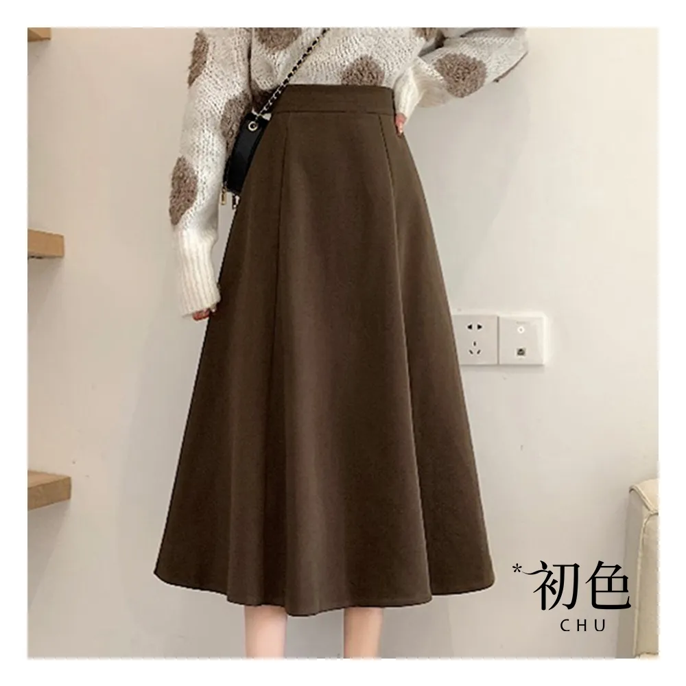 【初色】寬鬆保暖高腰A字裙傘裙毛呢中長裙半身裙-共2色-31947(M-XL可選)