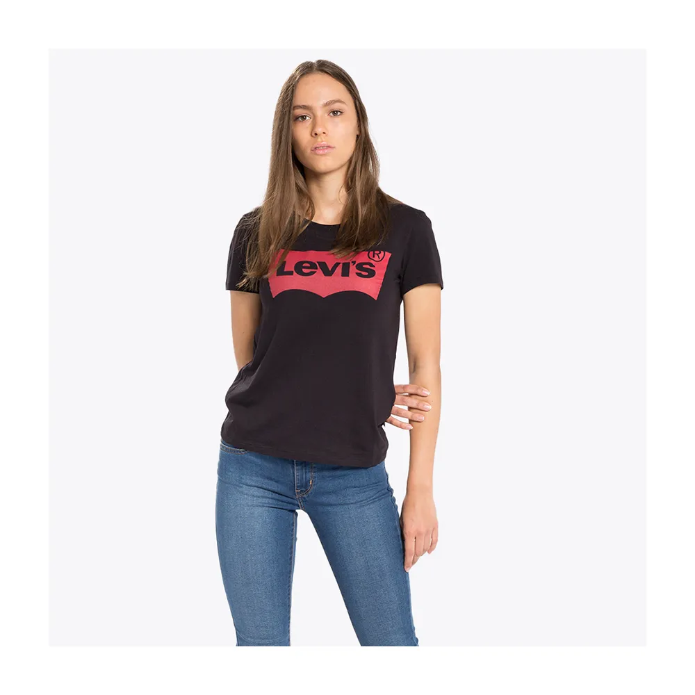 【LEVIS】女款 重磅短袖T恤/修身版型/經典Logo/210GSM厚棉 黑 上衣 熱賣單品 A2806-0000