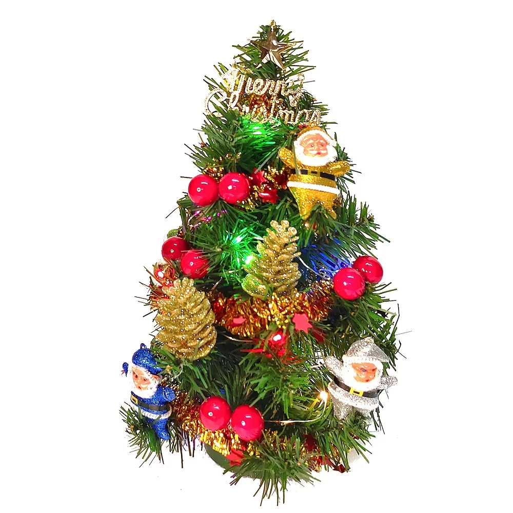 【摩達客】耶誕_台灣製迷你1尺 裝飾聖誕樹(聖誕老人紅果系+LED200燈銅線燈-彩光/USB電池兩用充電/本島免運)
