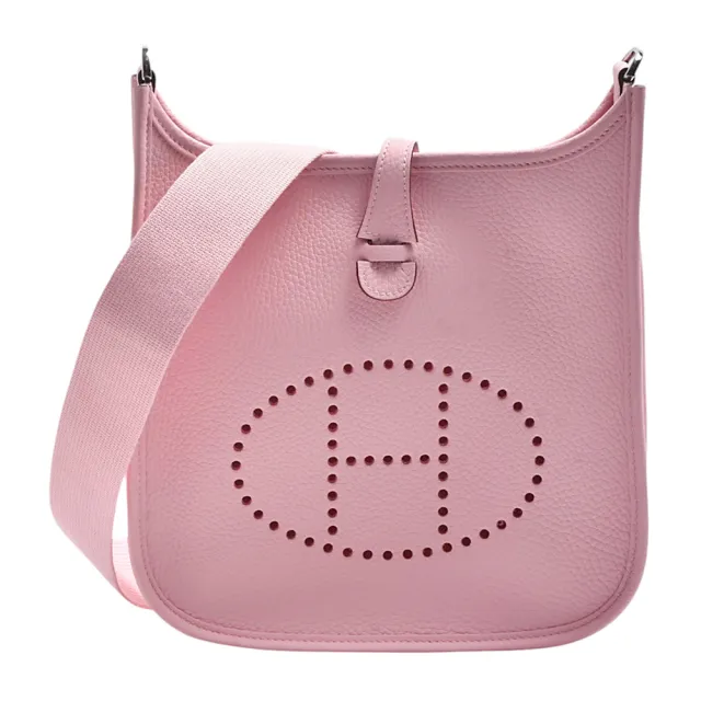 【Hermes 愛馬仕】經典Evelyne 23系列小牛皮鏤空洞H LOGO銀釦扣肩背包(23CM-櫻花粉色)