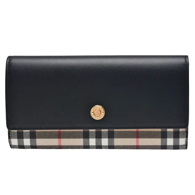 【BURBERRY 巴寶莉】Vintage經典格紋小牛皮翻蓋暗釦長夾(黑色)