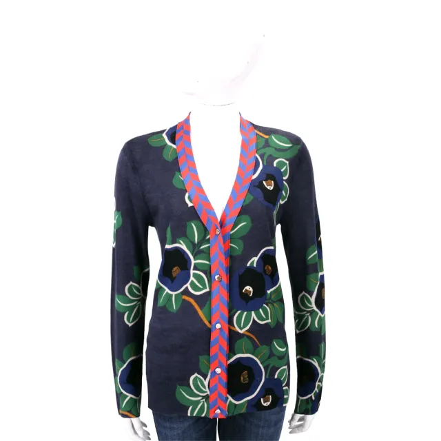 【TORY BURCH】Lorna Floral 綠葉藍印花美麗諾羊毛針織外套(長袖 上衣 TB)