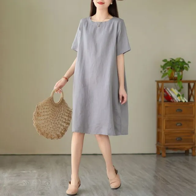【AKARA】棉麻避暑涼夏純色連身裙短袖洋裝 中大尺碼 M-3XL