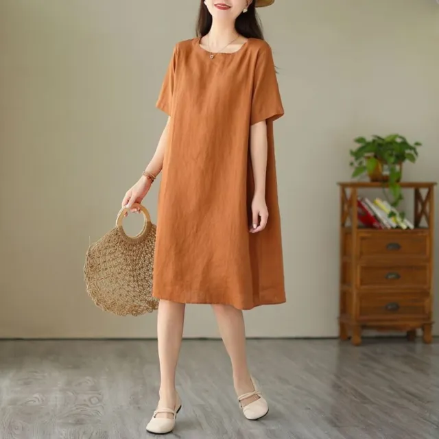 【AKARA】棉麻避暑涼夏純色連身裙短袖洋裝 中大尺碼 M-3XL