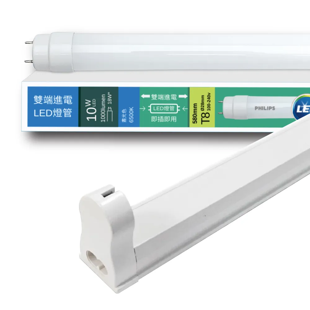 【Philips 飛利浦】T8 LED燈管 4尺 18.5W 附大同鋁支架組 20入組(白光/中性光/黃光 內附串接線)