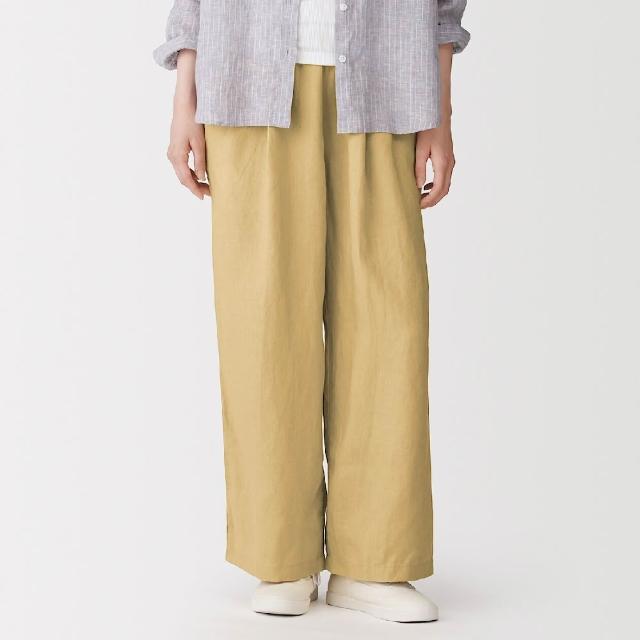 【MUJI 無印良品】女亞麻水洗舒適寬版褲(墨灰/黑色/原色/芥黃)