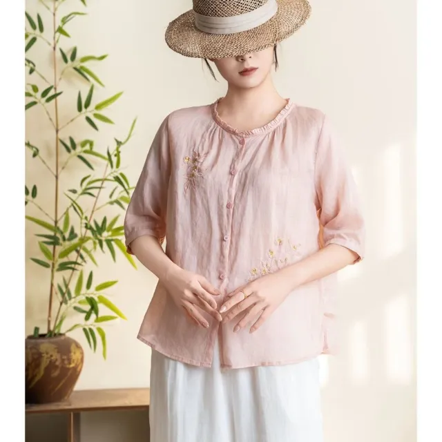 【AKARA】棉麻工藝刺繡七分袖襯衫上衣 中大尺碼 M-3XL
