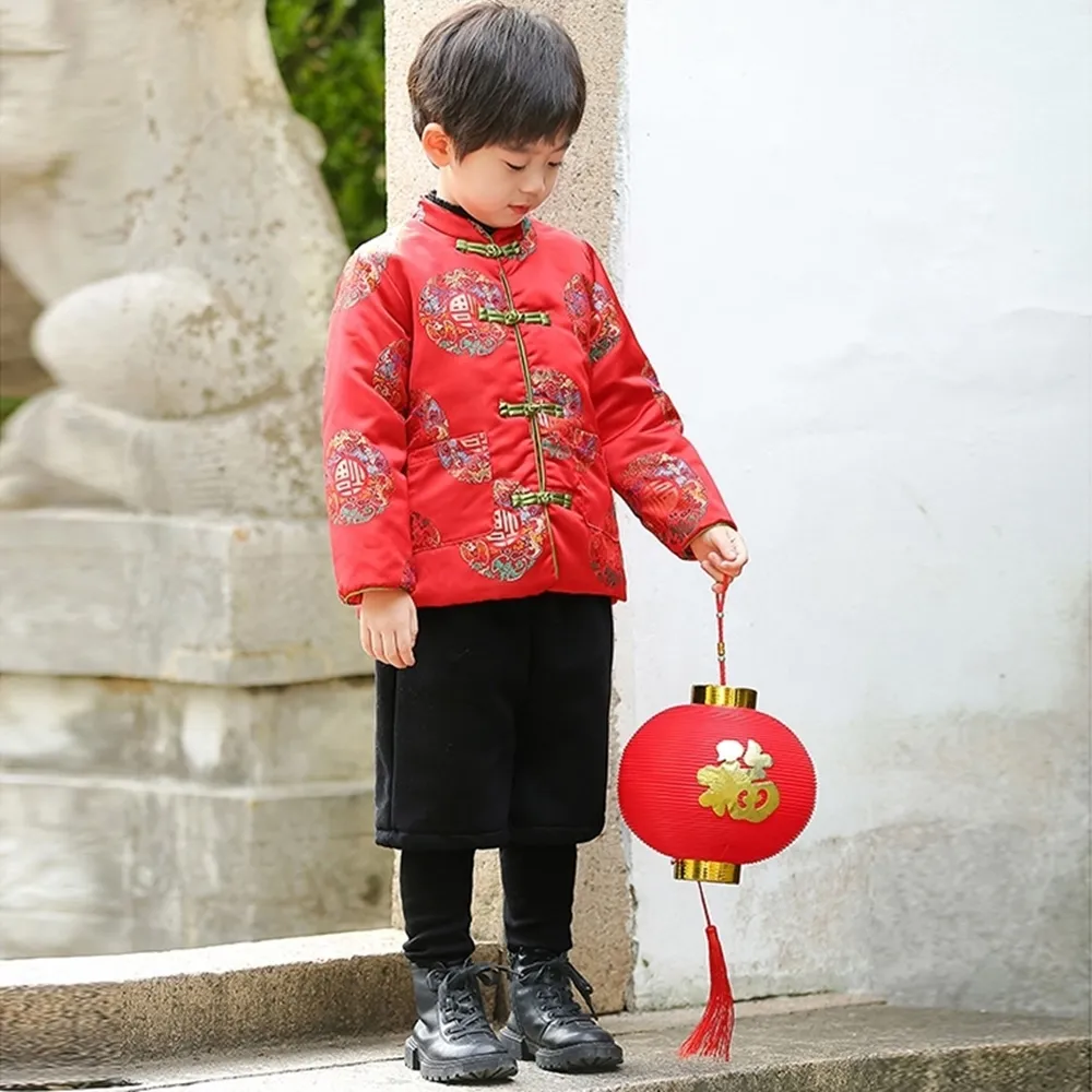【橘魔法】彩雲福字刺繡棉襖+假2件內搭褲(套裝 褲子 拜年服 大紅 過年 新年 唐裝 中國風 男童 兒童 童裝)
