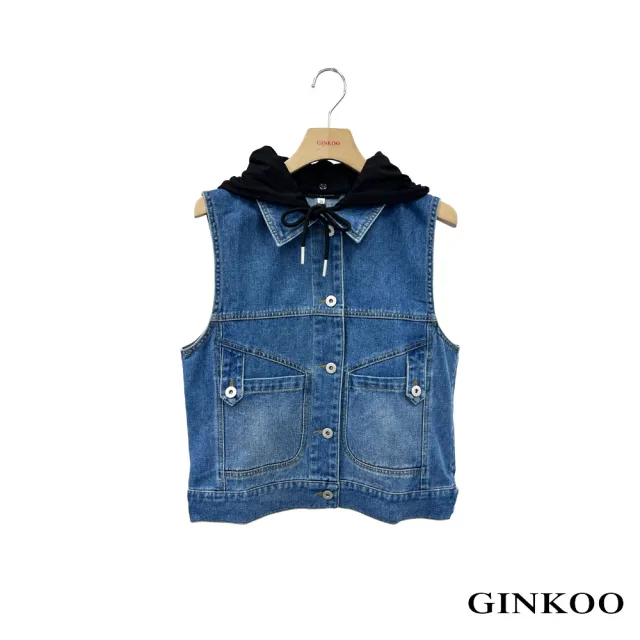 【GINKOO 俊克】魅力可拆式連帽抽繩牛仔背心