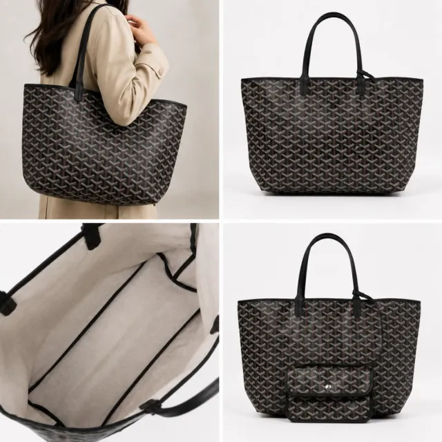 【GOYARD 高雅德】PM 經典滾邊 防水帆布 黑色 子母包 購物包 托特包 側肩包