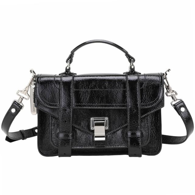 【Proenza Schouler】PS1 Tiny 皺紋漆皮羊皮斜背/手提學院包(黑色 兩用包 真皮)