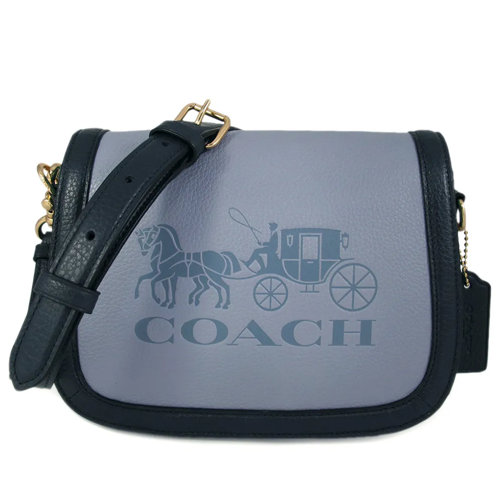 【COACH】壓印大馬車LOGO撞色皮革翻蓋斜背包(綠/藍色)