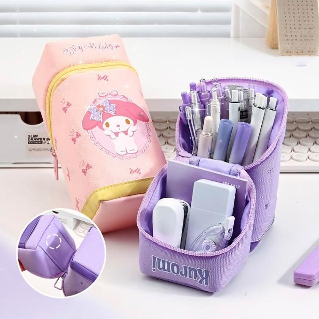 【SANRIO 三麗鷗】輕量多功能大容量翻折可立兩用筆袋筆筒-(直立筆筒/附手提/文具收納)