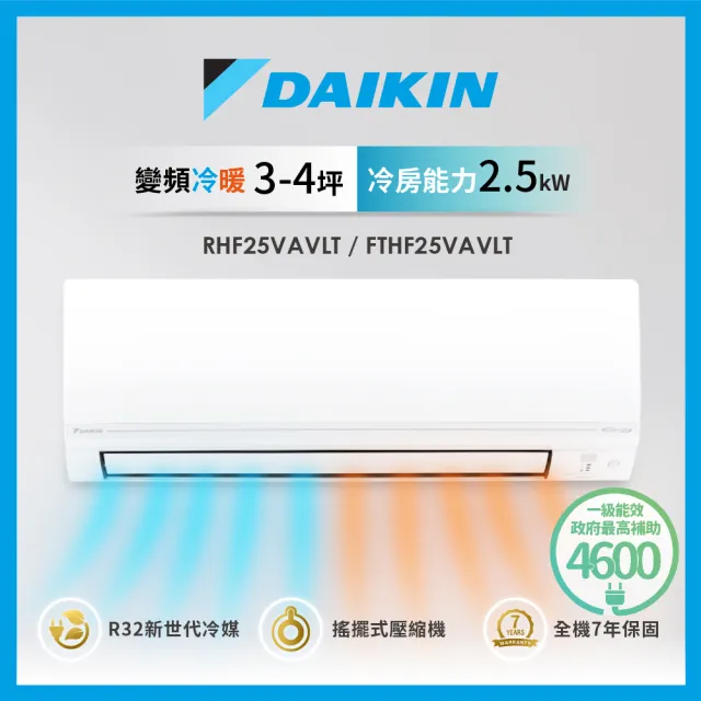 【DAIKIN 大金】★白金級安裝★3-4坪經典款一級變頻冷暖2.5KW/分離式空調(RHF25VAVLT/FTHF25VAVLT)