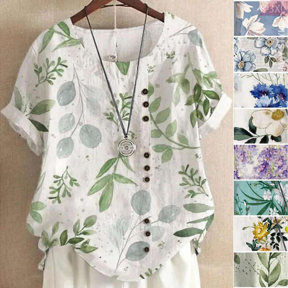 【Amay Style 艾美時尚】中大尺碼女裝 上衣 棉麻衫 時尚花卉印花休閒圓領短袖T恤。S-3XL(9色.預購)
