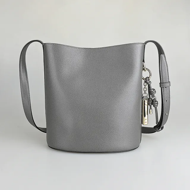 【FURLA 芙拉】FURLA 金字LOGO Roxie系列小牛皮磁釦式斜背/肩背水桶包(小/都市灰)